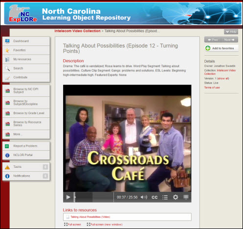 Example: screenshot of crossroads cafe video displayed in NCLOR